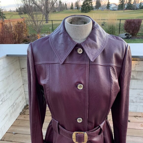 Vintage Di Costa Leather Overcoat Trench Coat Small Burgundy Belted 60s - Picture 2 of 16